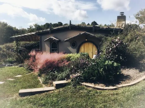 A house with a yellow door and bushes around it
