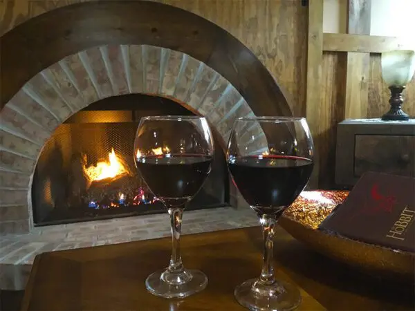 Two glasses of wine are sitting in front of a fireplace.