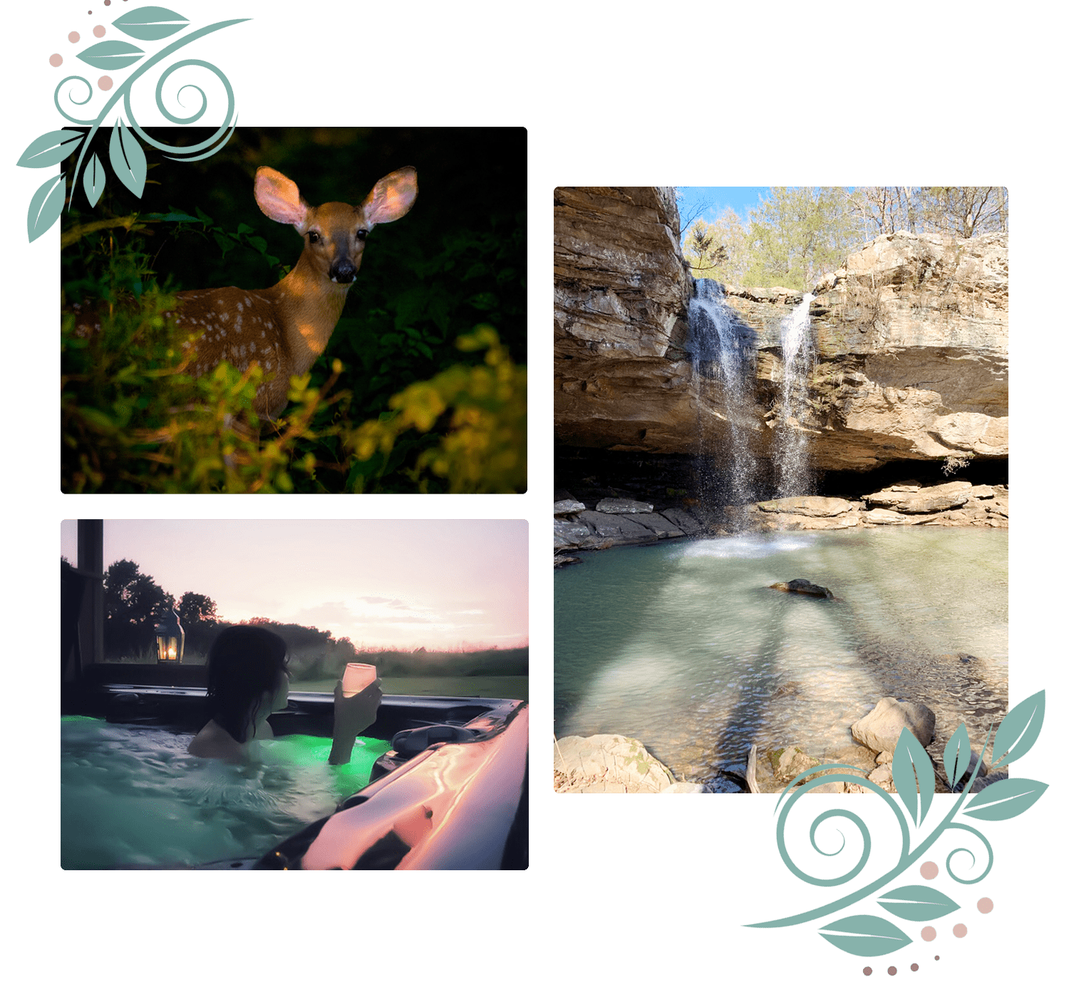 Collage of a forest fawn, Bork Waterfall, woman with a glass of wine in a hot tub watching the sunset.png